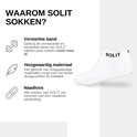 Witte enkelsok met zwarte "SOLIT" opdruk. Iconen en tekst over de voordelen van SOLIT sokken.