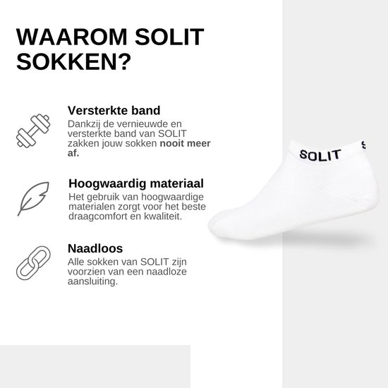 Witte enkelsok met zwarte "SOLIT" opdruk. Iconen en tekst over de voordelen van SOLIT sokken.