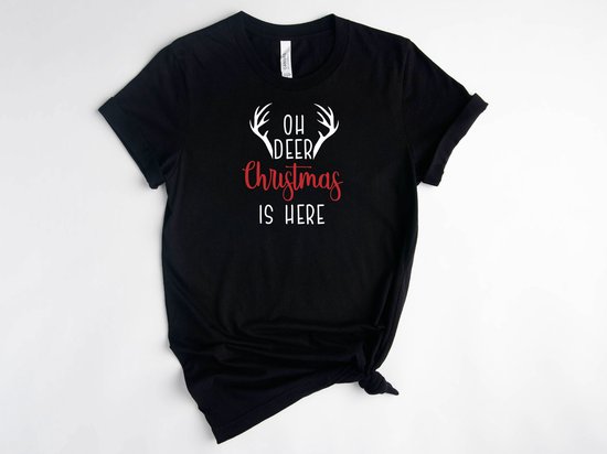 Lykke |Chemise Oh Deer Christmas is Here |Cadeau drôle de chemise de chandail de Noël laid|Hommes|Femmes|Elf mignon, renne | Chemise cadeau de Noël| Katoen Zwart| Taille M
