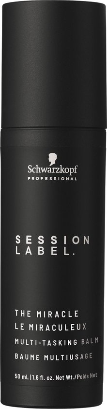 Zwarte flacon met witte tekst: Schwarzkopf Professional, Session Label, The Miracle, Le Miracleux, Multi-Tasking Balm, Baume Multiusage, 50 ml.