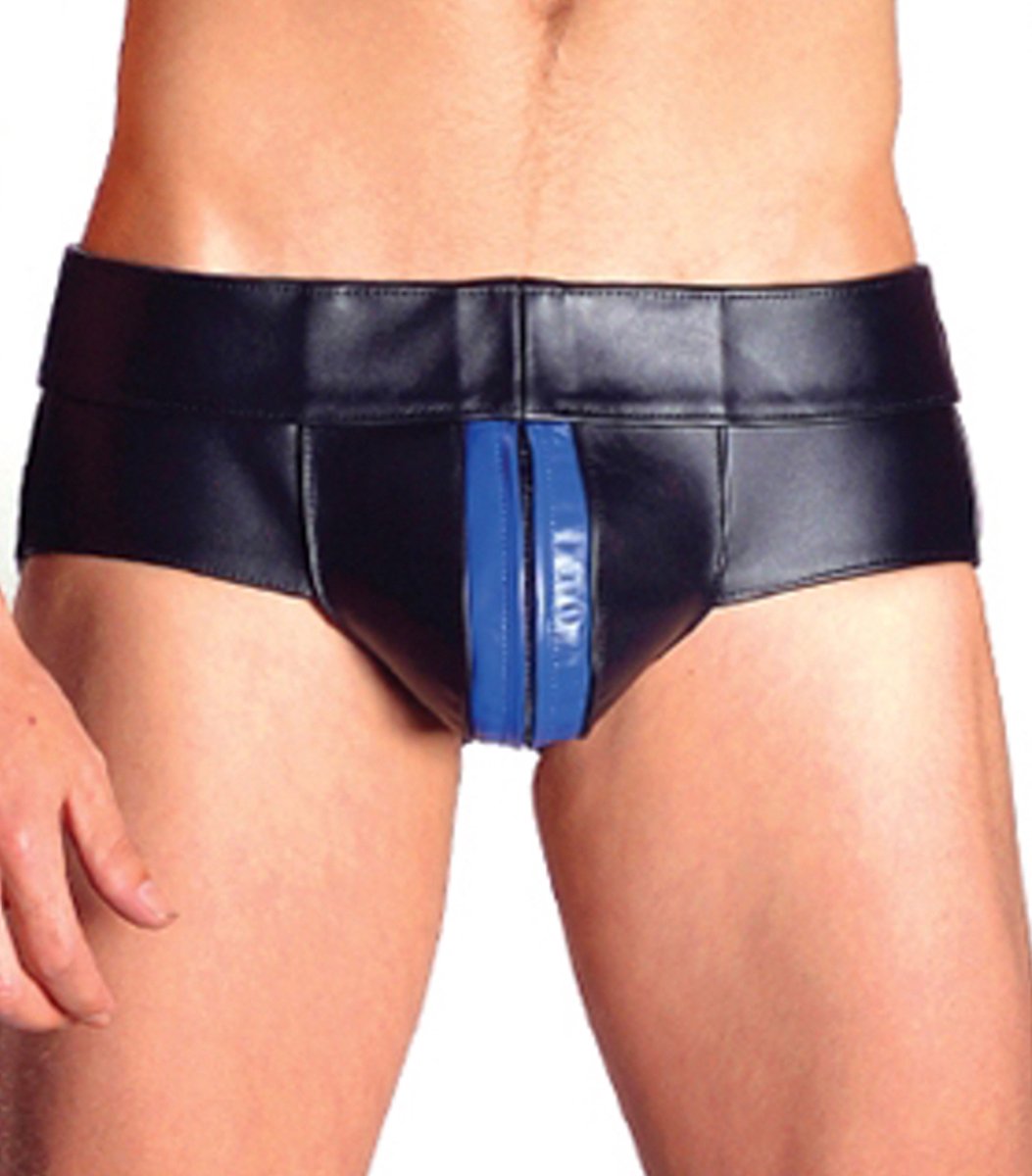 Mister B leren powerjock met blauwe bies xs