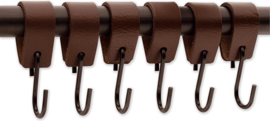 Brute Strength - Leren S-haak hangers - Bruin - 24 stuks - 12,5 x 2,5 cm – Zwart zilver – Leer - handdoekhaakjes - Ophanghaken – kapstokhaak