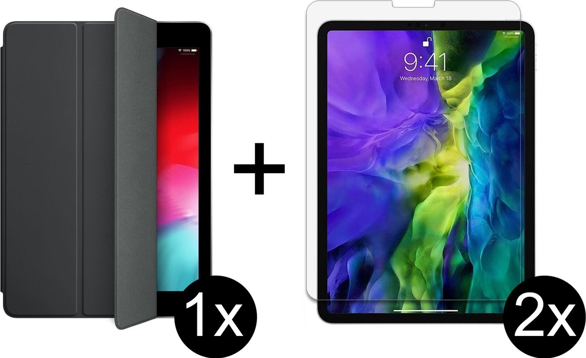Apple iPad- 10.2 Inch (2019 & 2020) Hoes Zwart Hoesje - Tri Fold Tablet Case - Smart Cover - Magnetische Sluiting - 2x iPad (2019/2020) Screenprotector Screen Protector