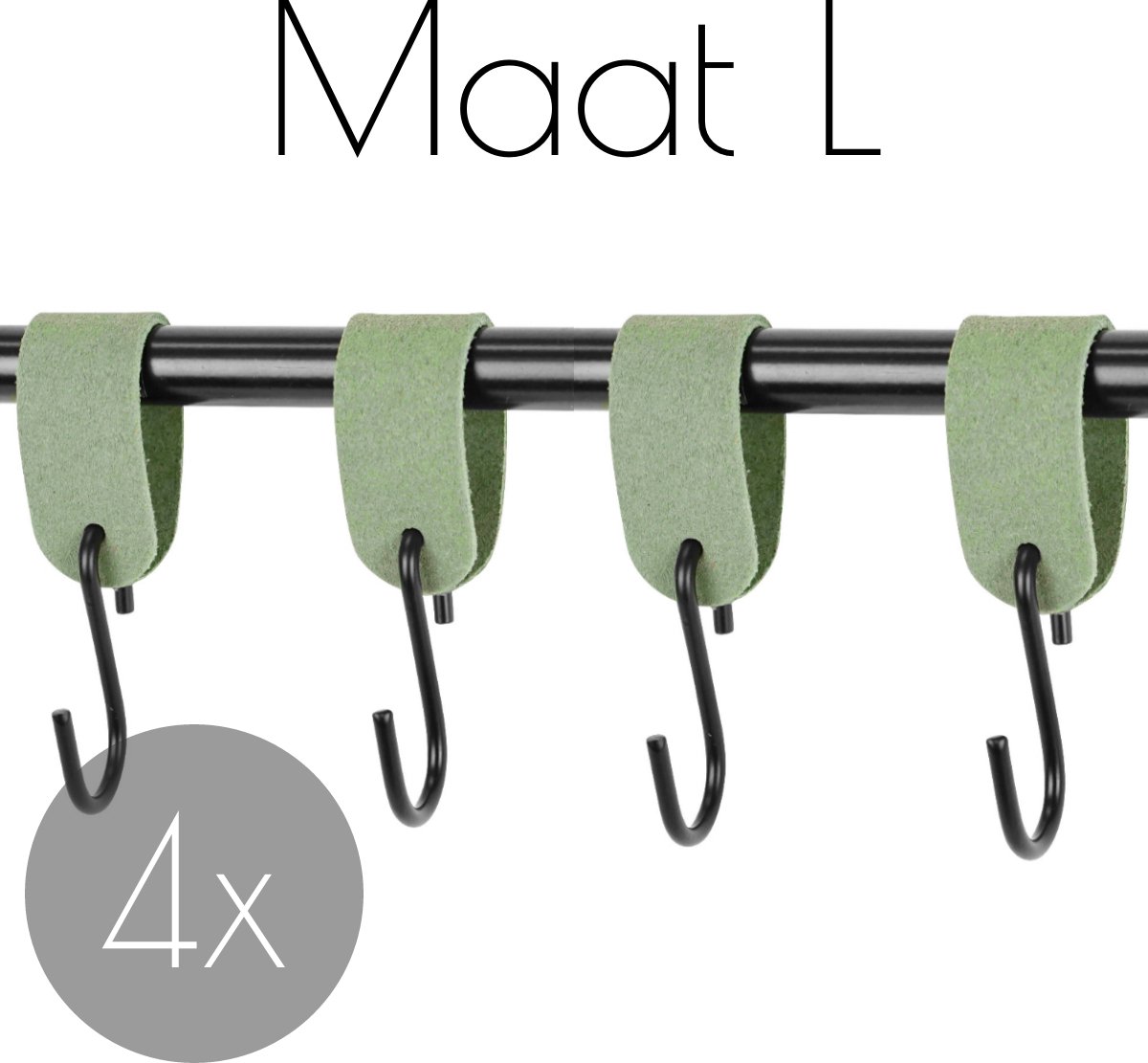 4x Leren S-haak hangers - Handles and more® | SUEDE JADE - maat L (Leren S-haken - S haken - handdoekkaakje - kapstokhaak - ophanghaken)
