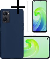 Hoes Geschikt voor OPPO A76 Hoesje Cover Siliconen Back Case Hoes Met Screenprotector - Donkerblauw