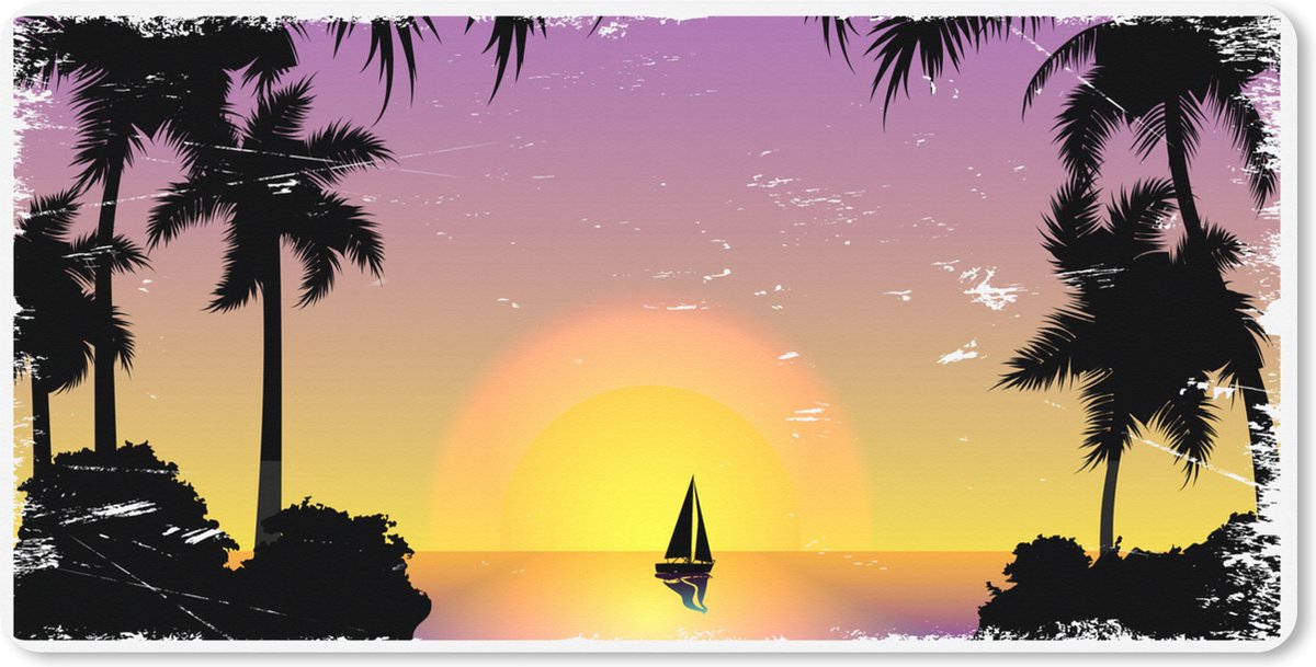 Muismat XXL 120x60 cm - Bureau onderlegger - Bureau mat Boot - Palmboom - Zee - Tekening - Bureaumat - Gaming mousepad xl - Bureaulegger groot - Computer deskmat