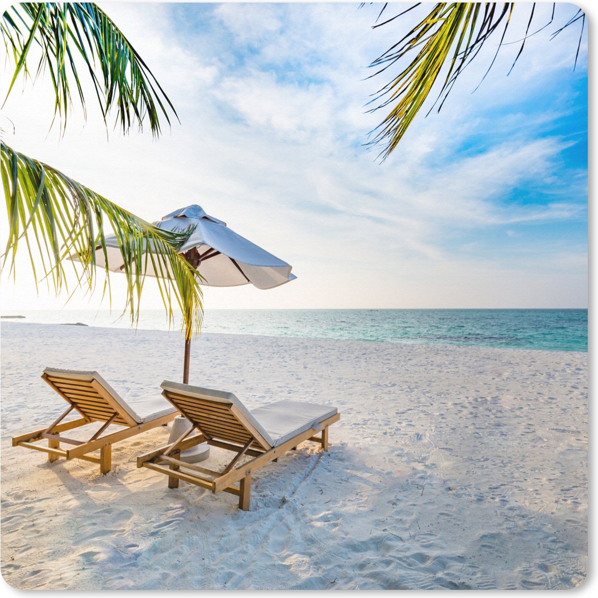 Muismat XXL 40x40 cm - Bureau onderlegger - Bureau mat Strandstoel - Parasol - Zonsondergang - Bureaumat - Gaming mousepad xl - Bureaulegger groot - Computer deskmat