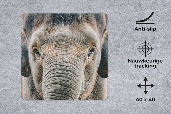 Muismat XXL 40x40 cm - Bureau onderlegger - Bureau mat Olifant - Portret - Dieren - Grijs - Bureaumat - Gaming mousepad xl - Bureaulegger groot - Computer deskmat