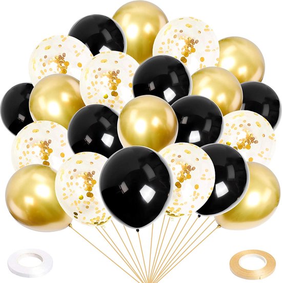 MagieQ 40 stuks Papieren Zwart en Goud Confetti & Latex Helium Ballonnen - Versiering Decoratie - Ballonnenboog Decoratie -