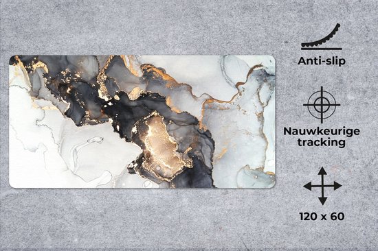 Tapis de souris XXL - Sous-main - Tapis de bureau - Marbre - Zwart - Wit - Or - Luxe - Abstrait - 120x60 cm - Tapis de souris XXL