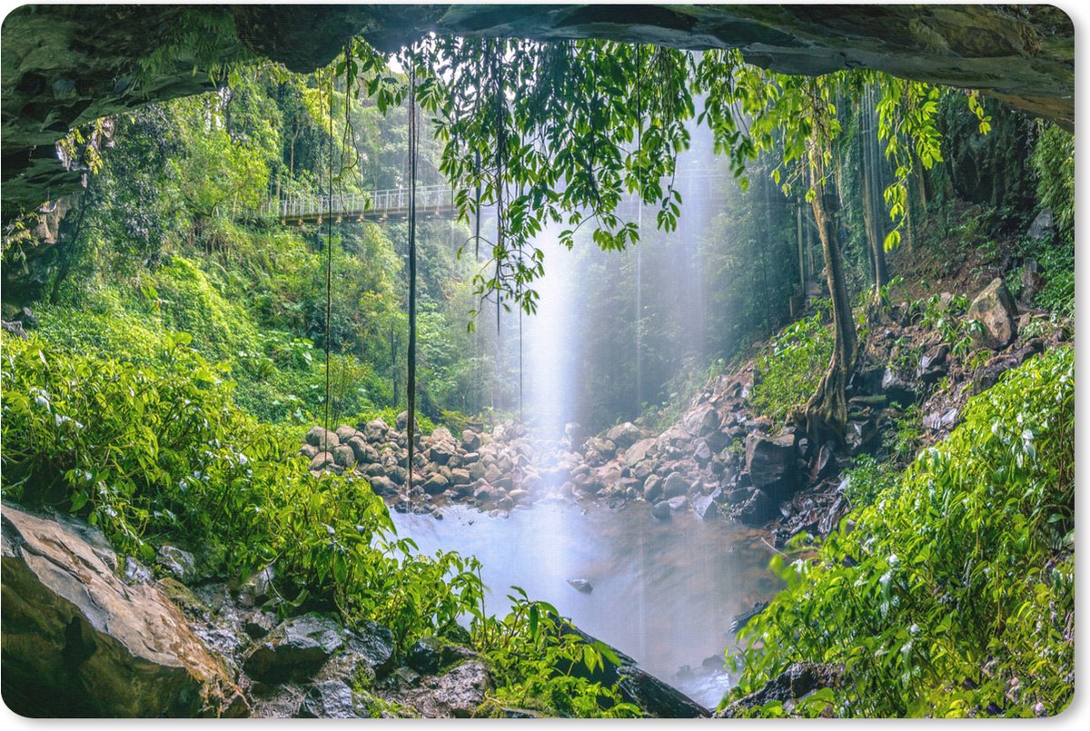 Muismat XXL 120x80 cm - Bureau onderlegger - Bureau mat Jungle - Regenwoud - Water - Waterval - Planten - Bureaumat - Gaming mousepad xl - Bureaulegger groot - Computer deskmat