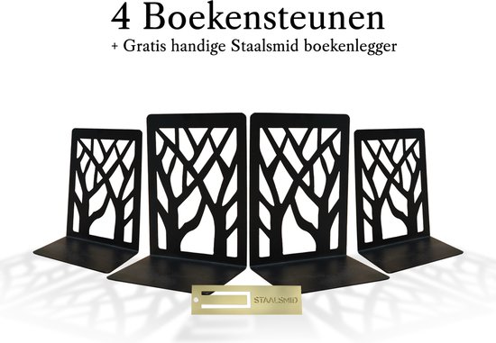 Staalsmid ® Boekensteun metaal zwart – Boekensteunen metaal zwart - Set van 4 – Inclusief boekenlegger - Boekenstandaard – Boekenhouder
