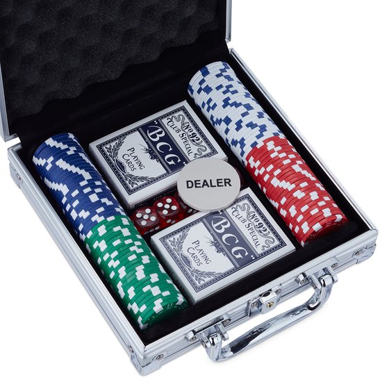 Thumbnail van een extra afbeelding van het spel Relaxdays pokerset Texas Hold'em - pokerkoffer 100 chips - poker spel in koffer