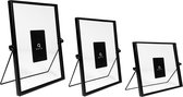 QUVIO Fotolijstjes - Rechthoek - Set van 3 - Fotolijsten - Fotokader - Fotoalbum - Tafeldecoratie - Staand - Zwart - Staal - Glas - 15 x 15 cm + 15 x 20 cm + 17,5 x 23 cm