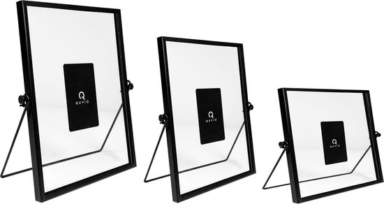 QUVIO Fotolijstjes - Rechthoek - Set van 3 - Fotolijsten - Fotokader - Fotoalbum - Tafeldecoratie - Staand - Zwart - Staal - Glas - 15 x 15 cm + 15 x 20 cm + 17,5 x 23 cm
