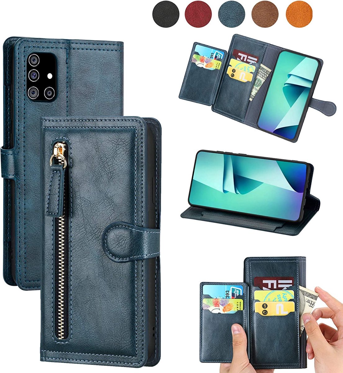 Premium vintage portemonnee hoesje met ritssluiting flip-cover hoes met kaarthoudersleuven Geschikt voor: Samsung Galaxy A53 5G - blauw