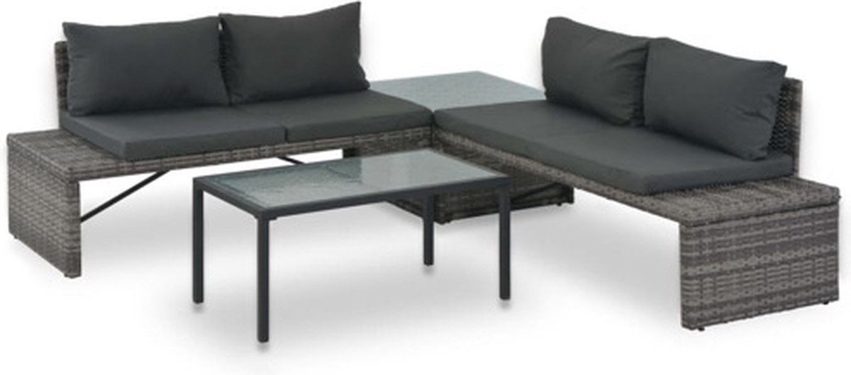 vidaXL Loungeset - met - kussens - 3-delig - poly - rattan - grijs
