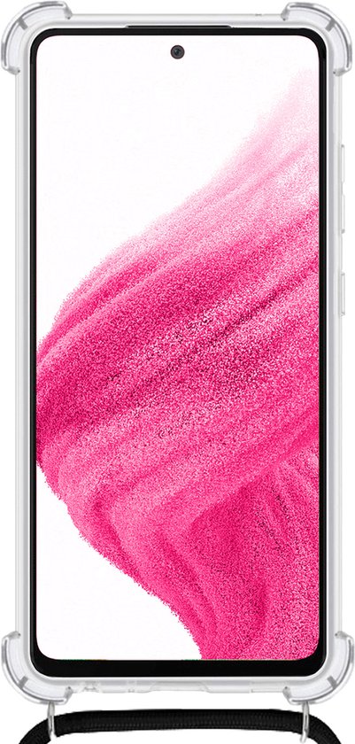 Coque de téléphone transparente avec fond rose vif et cordon noir.