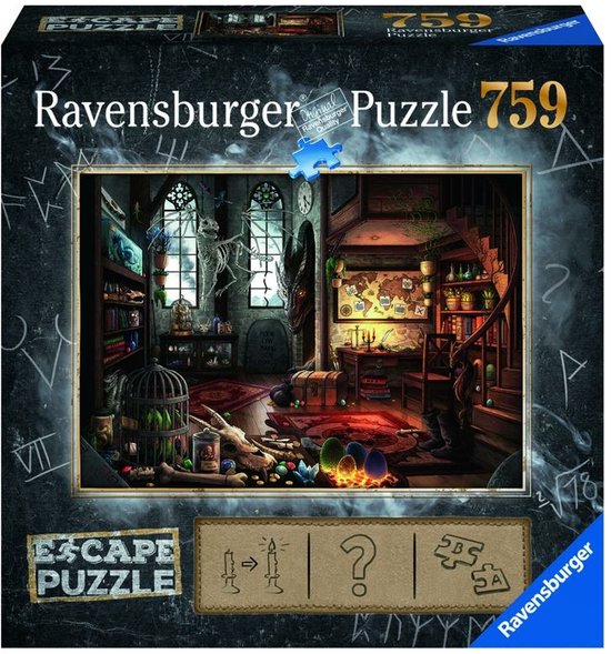 Puzzle Ravensburger Escape 759 pièces, illustration d'une pièce de chasseur de dragons.