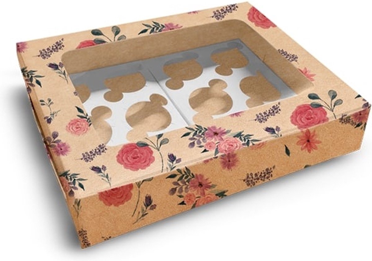 Fleurige kraft doos voor 12 cupcakes (10 stuks)