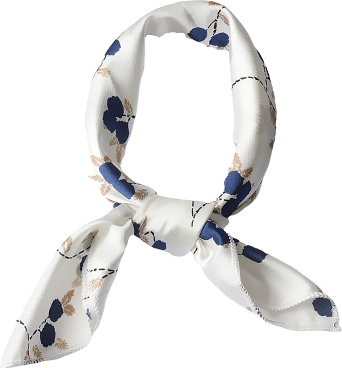​​Satijnen Sjaal - Licht & Zacht Mooie Zomersjaals voor de Hals of Haar - 50 x 50 cm - Kleur ​​Wit met kleine Blauwe Bloem