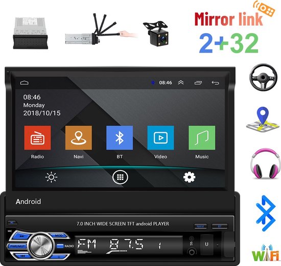 Autoradio TechU™ avec écran rabattable T119 – Écran tactile 7,0 pouces – 1 Din avec télécommande – Radio FM – Bluetooth & Wifi – AUX – USB – SD – Appel mains libres – Navigation GPS – Android 10.1 – 2+32G