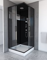 Cabine de douche Aurlane carrée 90x90cm - noir et bandeau miroir - porte coulissante - entrée d'angle - Mirror Space
