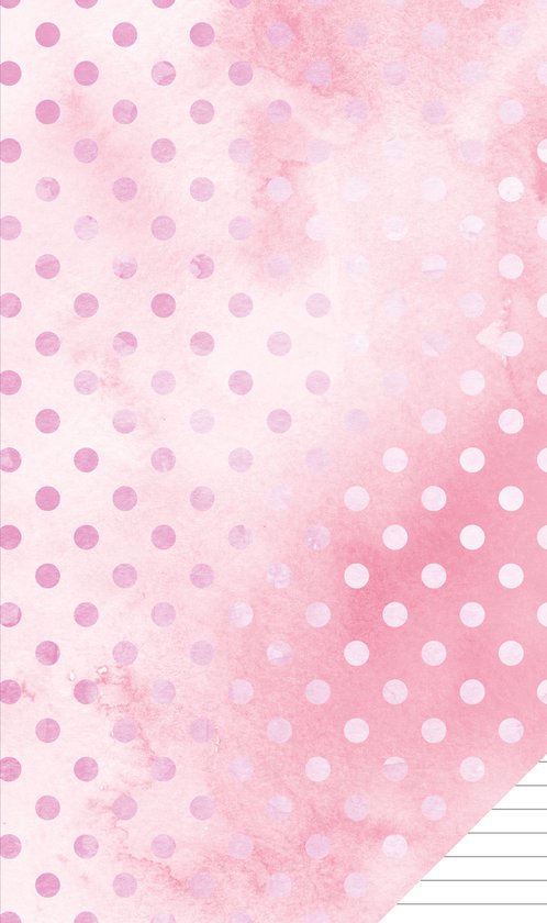 Roze en witte polkadot notitieboek kaft met paarse rand.