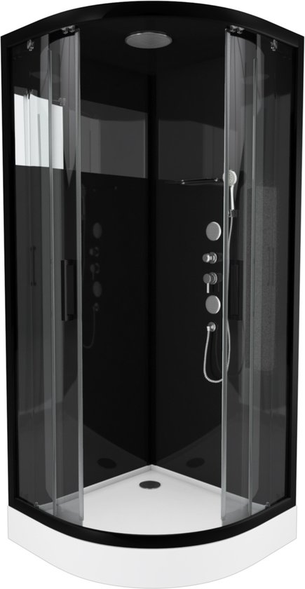 Aurlane douchecabine 90x90cm 1/4 rond - zwarte wanden en profielen +  spiegelband -... | bol.com