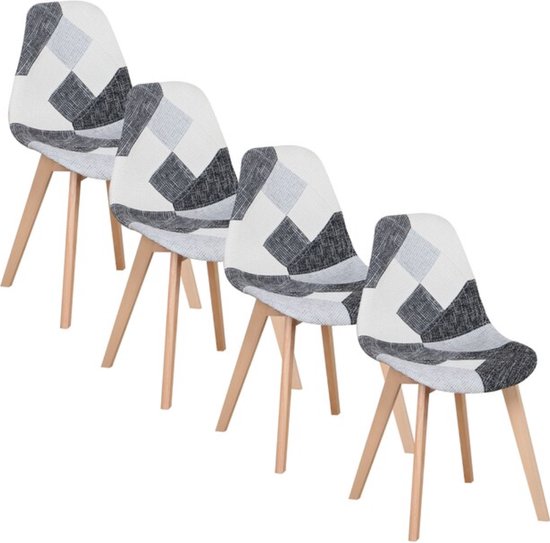 Manzibo Set van 4 Stoelen  - Eetkamerstoel - Eetkamerstoelen - Houten poten - 4 stoelen - Voor keuken of huiskamer - Moderne look - Leuk Printje - Vrolijke Stoel - Grijs