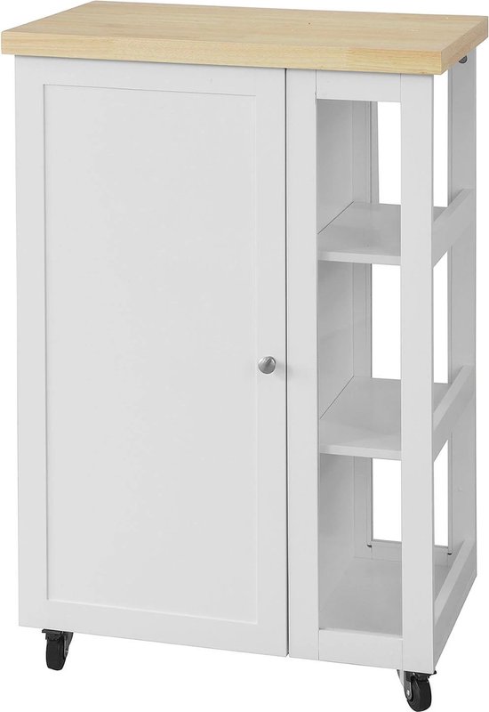 SoBuy Keukentrolley, Keukenwagen, Serveerwagen, Keukenrolwagen, Keukenkast, Eetkamerkast, Buffet, Dressoir, met 1 Lade, 2 Deuren en 1 Heedoekhouder, Wit, 74,5x91x45,5 cm, FKW119-WN