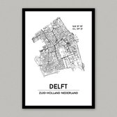 Delft city poster, A3 (30x40 cm) met lijst, plattegrond poster, woonplaatsposter, woonposter