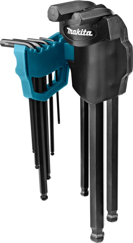 Zwarte inbussleutels in een zwart en turquoise Makita-houder, van voren gezien.