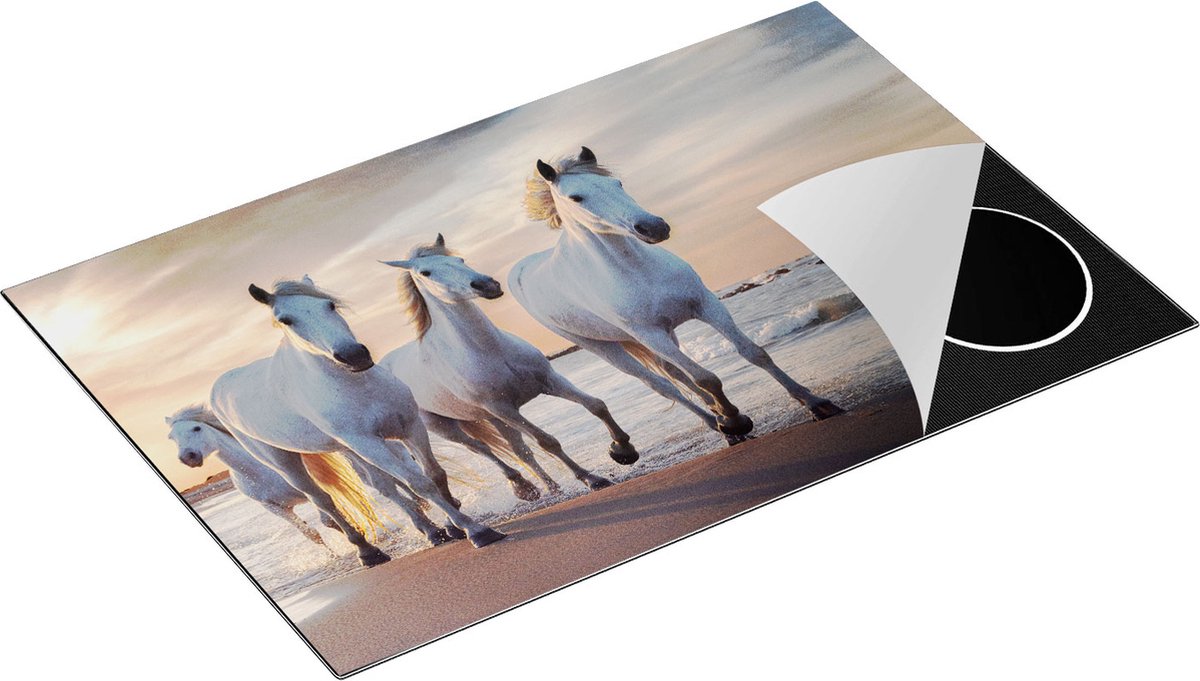 Chefcare Inductie Beschermer Witte Paarden op het Strand bij Water - 83x51,5 cm - Afdekplaat Inductie - Kookplaat Beschermer - Inductie Mat