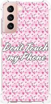 Leuk TPU Backcase Geschikt voor Samsung Galaxy S21 FE Smartphone hoesje met doorzichtige rand Flowers Pink Don't Touch My Phone