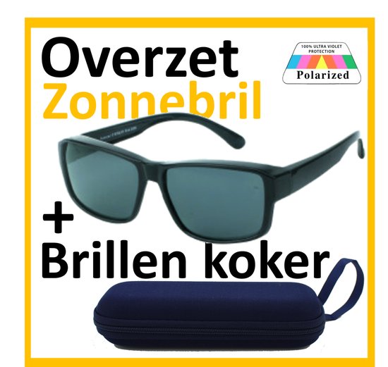 Overzet zonnebril matt zwart. Polorized/ Gepolariseerd / polariserend. inclusief Marine blauwe brillen koker.