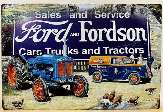 Blauw met oranje Ford tractor en Fordson bestelwagen met 'Farm Services' tekst. 'Sales and Service Ford and Fordson Cars Trucks and Tractors'.