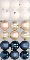 18x stuks kunststof kerstballen mix van donkerblauw, champagne en wit 8 cm - Kerstversiering