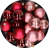 24x stuks kunststof kerstballen mix van donkerrood en oudroze 6 cm - Kerstversiering