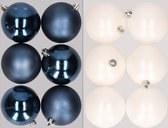 12x stuks kunststof kerstballen mix van donkerblauw en winter wit 8 cm - Kerstversiering
