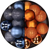 24x stuks kunststof kerstballen mix van donkerblauw en oranje 6 cm - Kerstversiering