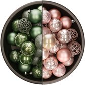 Bellatio Decorations Kerstballen mix - 74-delig - salie groen en lichtroze - 6 cm - kunststof