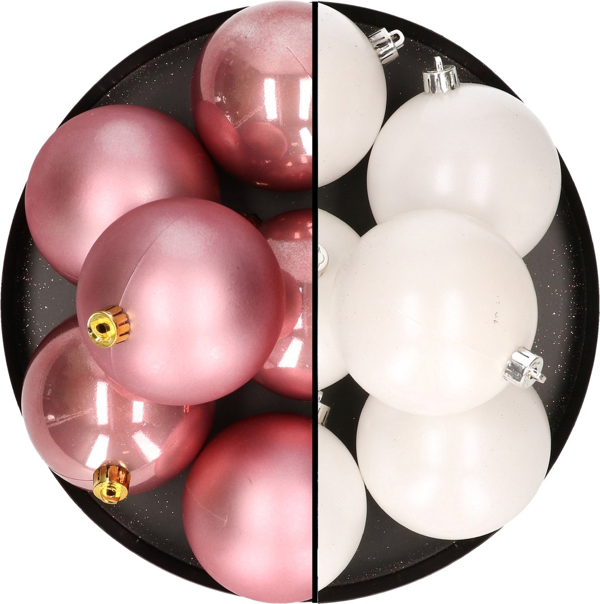 Kerstballen mix van wit en velvet roze, 8 cm, kunststof.