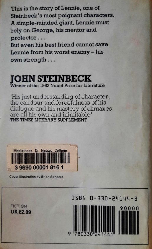 Dos du livre 'Of Mice and Men' avec du texte et un code-barres ISBN.