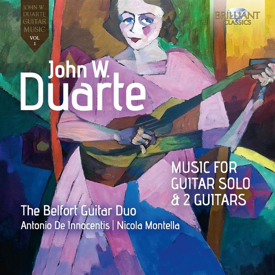 Abstracte illustratie van een vrouw in een roze jurk die een gitaar vasthoudt. Titel 'John W. Duarte' en 'Music for Guitar Solo & 2 Guitars' vermeld.