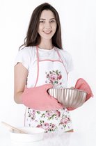 Lavendel PVC Keukenschort en Ovenwanten Set | Kookschort - 55 x 75cm | Handdoek - 30 x 50 | Keukenschort| Waterdichte achterkant | Keukenschort | Katoen | Rood-WiT