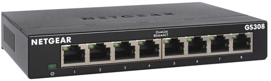 Zwarte Netgear GS308 8-poorts netwerkswitch met 8 Ethernet-poorten en 2 indicatorlampjes.