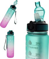JS Hydration - Drinkfles Motivatie - Waterfles 1 liter - Tijdsmarkering - Drinkfles met rietje - Bidon - Mint Groen/Paars