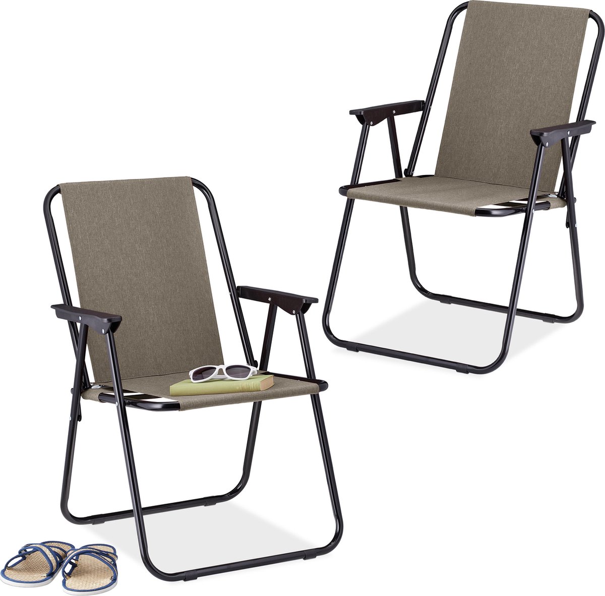 Relaxdays campingstoel inklapbaar set van 2 - klapstoel 100 kg - visstoel met armleuningen - beige