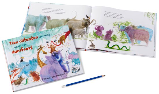 Een open kinderboek met illustraties van olifanten en andere dieren, met een potlood en het boek "Tien olifanten op weg naar een dansfeest" ernaast.